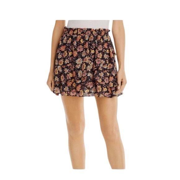 Aqua Bloomingdales Tapestry Floral Mini Skirt Black Layered Ruffles Pull-On M - Picture 1 of 9